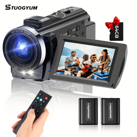 "Ultra HD 30FPS Digital Video Camera Camcorder with 16X Zoom, 3"" IPS Screen, 270° Rotation, Remote Control, 64GB Card, and 1500mAh Battery - Perfect for Vlogging"